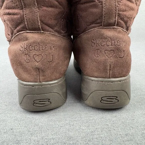 Vtg Skechers Boots Womens 9 Brown Leather Faux Fur Snow Boot PomPom Quilted Y2K