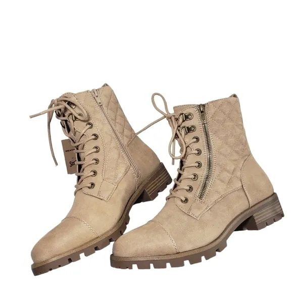 White Mountain Dashing Sang Lace Up Zip Quilted Block Heel Combat Boots Sz 7.5M