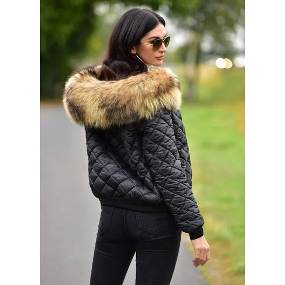 Winter Coat Lightweight Short Down Jacket Quilted Parka w/ Fur Hood For Women
