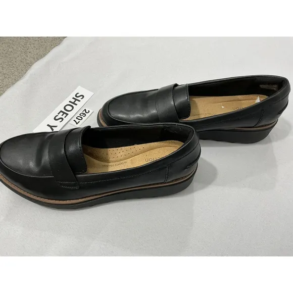 Womans Clarks Collection 8.5 W Black Ultimate Comfort Slip On Wedge Loafer