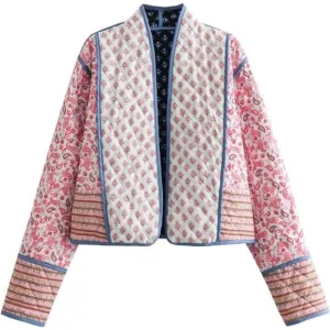Women's Cropped Puffer Jacket Floral Print Quilted Puffer B Pink
