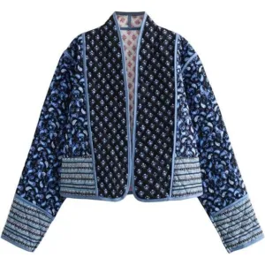 Women's Cropped Puffer Jacket Floral Print Quilted Puffer Blue