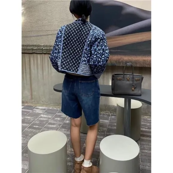 Women's Cropped Puffer Jacket Floral Print Quilted Puffer Blue
