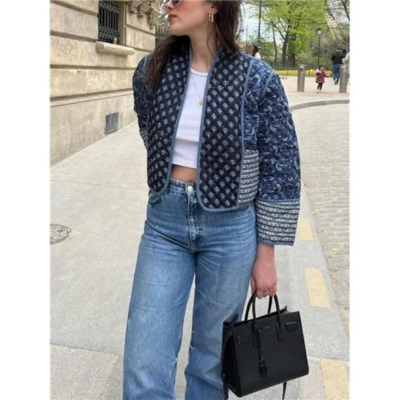 Women's Cropped Puffer Jacket Floral Print Quilted Puffer Blue