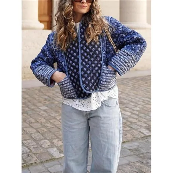 Women's Cropped Puffer Jacket Floral Print Quilted Puffer Blue