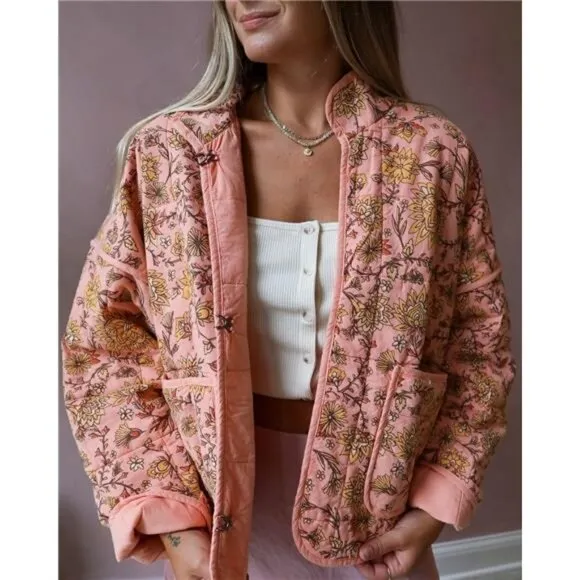 Women's Cropped Puffer Jacket Floral Print Quilted Puffer K Pink