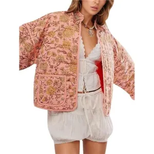 Women's Cropped Puffer Jacket Floral Print Quilted Puffer K Pink