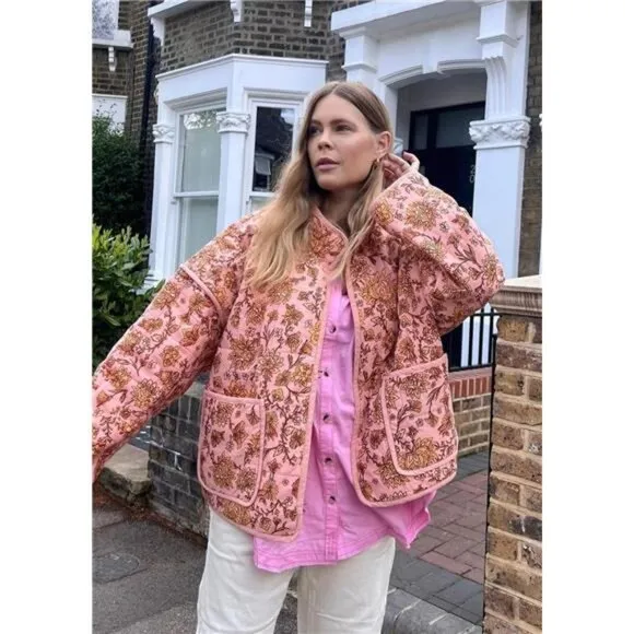 Women's Cropped Puffer Jacket Floral Print Quilted Puffer K Pink