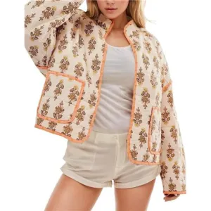 Women's Cropped Puffer Jacket Floral Print Quilted Puffer P Apricot Darkblue