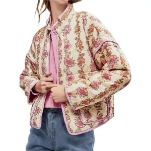 Women's Cropped Puffer Jacket Floral Print Quilted Puffer P Beige