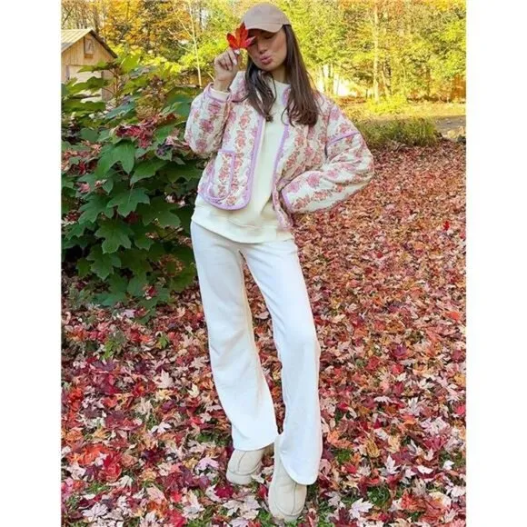 Women's Cropped Puffer Jacket Floral Print Quilted Puffer P Beige