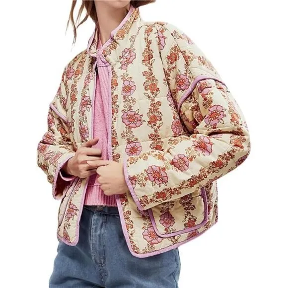 Women's Cropped Puffer Jacket Floral Print Quilted Puffer P Beige