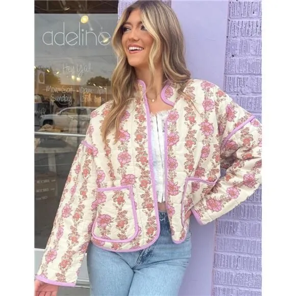 Women's Cropped Puffer Jacket Floral Print Quilted Puffer P Beige