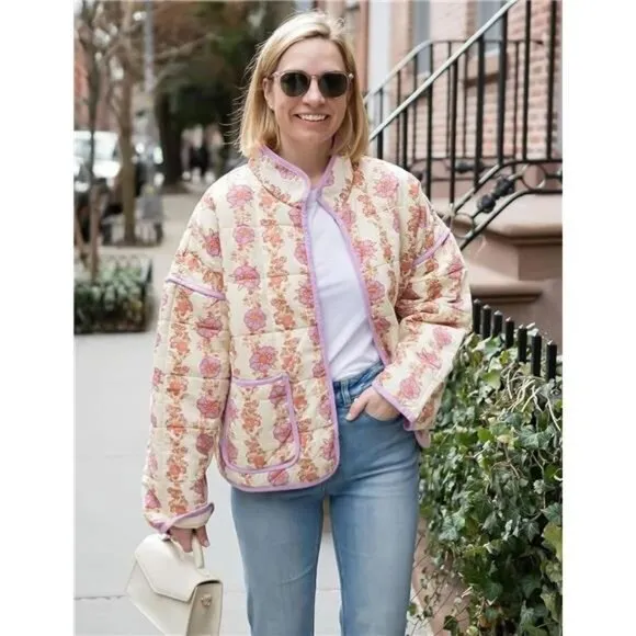 Women's Cropped Puffer Jacket Floral Print Quilted Puffer P Beige
