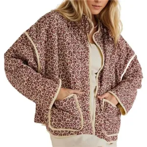 Women's Cropped Puffer Jacket Floral Print Quilted Puffer Pink