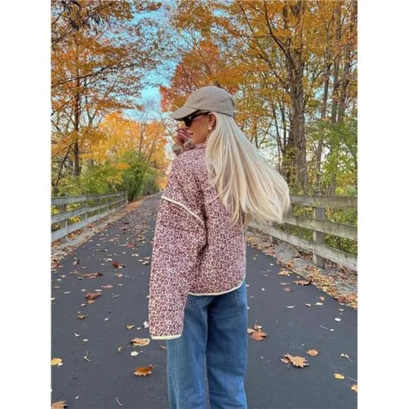 Women's Cropped Puffer Jacket Floral Print Quilted Puffer Pink