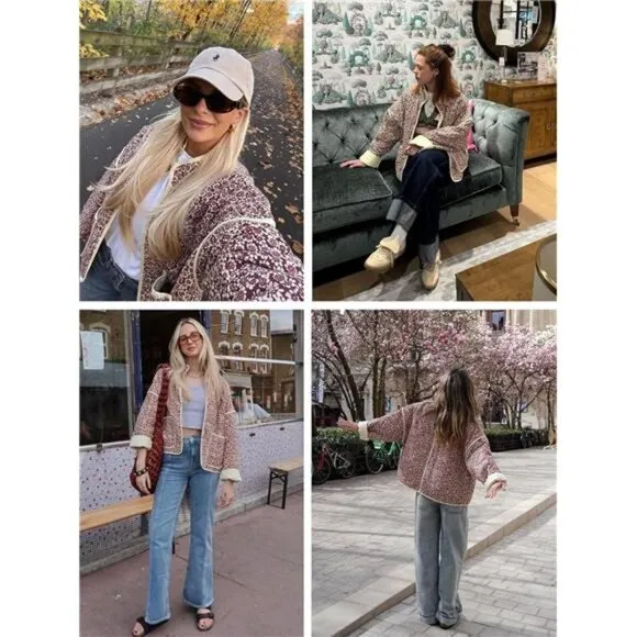 Women's Cropped Puffer Jacket Floral Print Quilted Puffer Pink