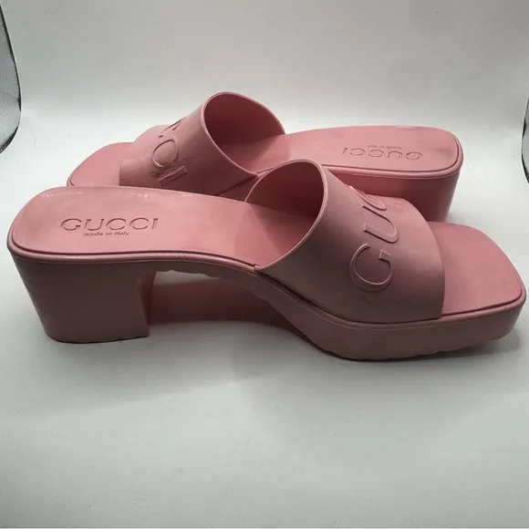 Womens Gucci Platform Rubber Logo Slides Sandals Heels