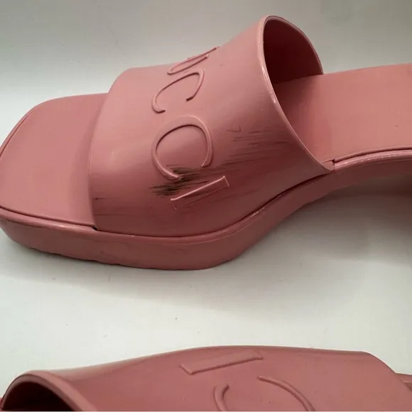 Womens Gucci Platform Rubber Logo Slides Sandals Heels