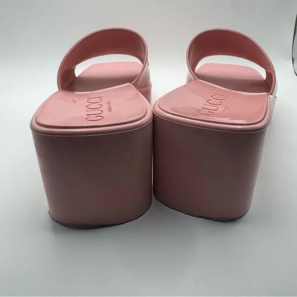 Womens Gucci Platform Rubber Logo Slides Sandals Heels