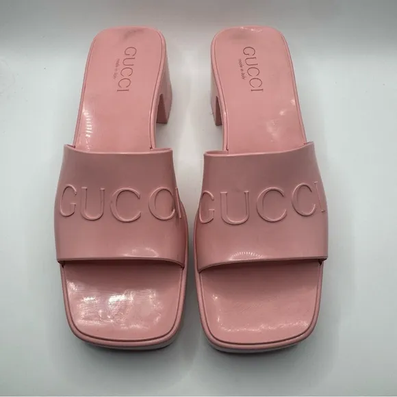 Womens Gucci Platform Rubber Logo Slides Sandals Heels