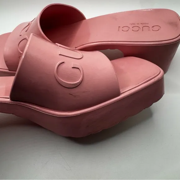 Womens Gucci Platform Rubber Logo Slides Sandals Heels