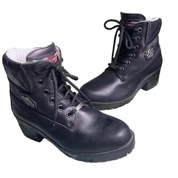 Women's Harley Davidson Ankle Lace Up Heeled Quilted Boots Sz 7 Grunge Goth