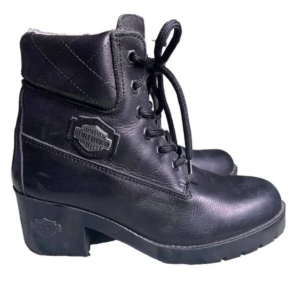 Women's Harley Davidson Ankle Lace Up Heeled Quilted Boots Sz 7 Grunge Goth
