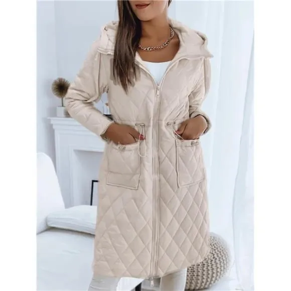 Womens Long Quilted Jackets Zip Up Hooded Drawstring Waist Coats with Pockets