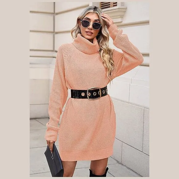 Women's Loose Turtleneck Oversize Long Pullover Sweater Dress Y - Pink