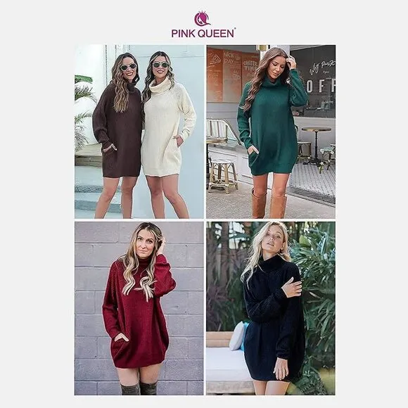 Women's Loose Turtleneck Oversize Long Pullover Sweater Dress Y - Pink