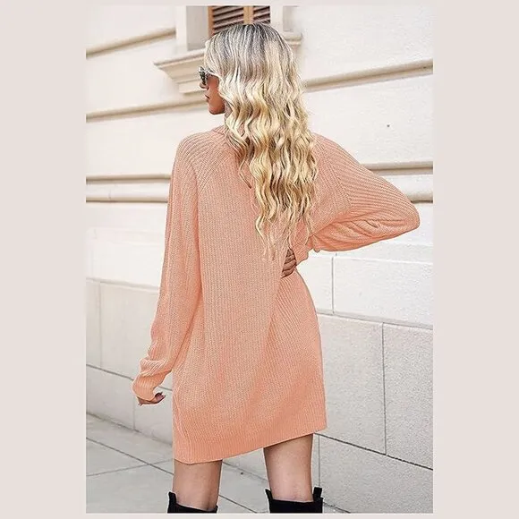 Women's Loose Turtleneck Oversize Long Pullover Sweater Dress Y - Pink