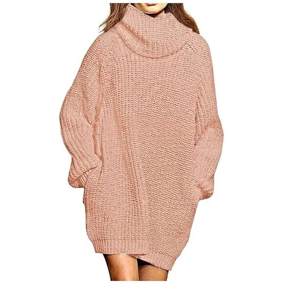 Women's Loose Turtleneck Oversize Long Pullover Sweater Dress Y - Pink