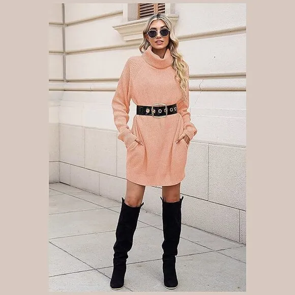 Women's Loose Turtleneck Oversize Long Pullover Sweater Dress Y - Pink