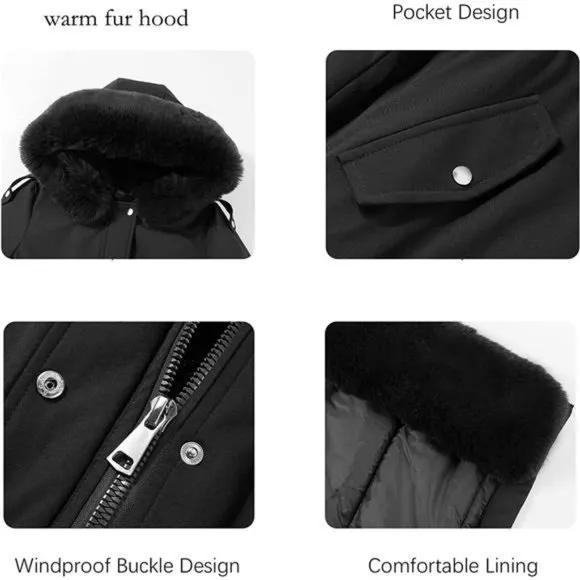 Women's Puffer Jacket Hooded with Fur Collar Padded Coat - Black