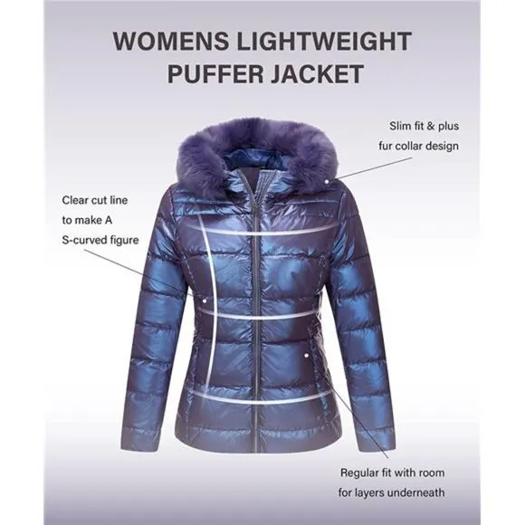 Women's Warm Quilted Bubble Padded Hood Coat with Faux Fur Collar,  Purple