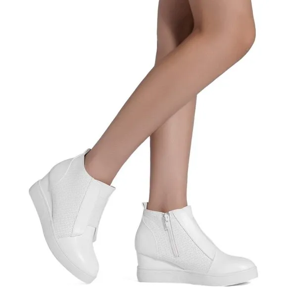 Women’s White Platform Wedge Sneakers Ankle Booties
