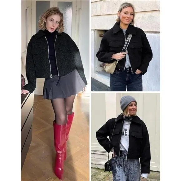 Women's Wool Coat Lapel Zip Up Bomber Jacket Black