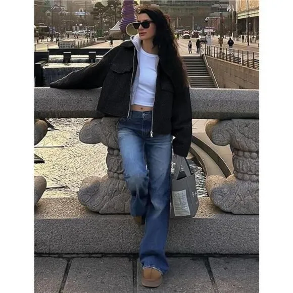 Women's Wool Coat Lapel Zip Up Bomber Jacket Black