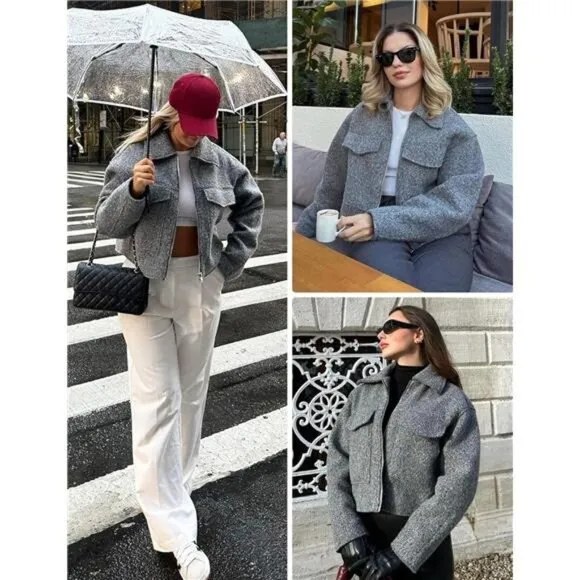 Women's Wool Coat Lapel Zip Up Bomber Jacket Grey1