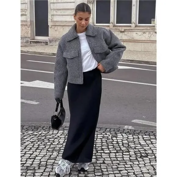 Women's Wool Coat Lapel Zip Up Bomber Jacket Grey1