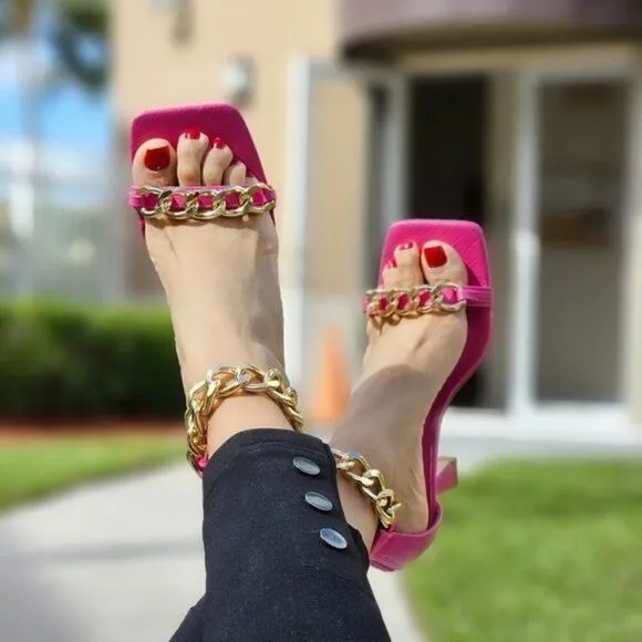 Womens Fuchsia Ankle Strap Heels Chains Stiletto Sandals