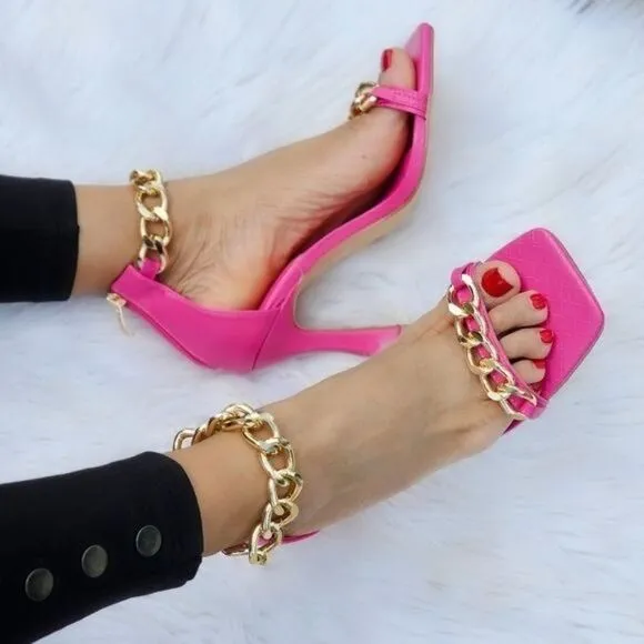 Womens Fuchsia Ankle Strap Heels Chains Stiletto Sandals