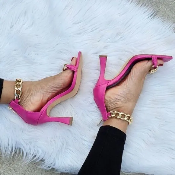 Womens Fuchsia Ankle Strap Heels Chains Stiletto Sandals