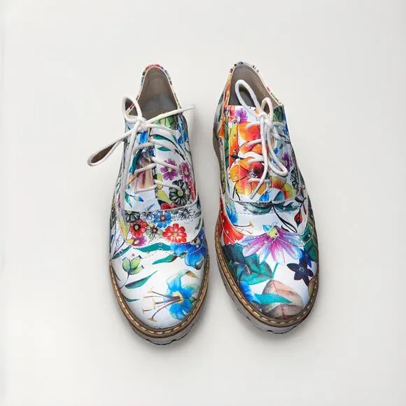 Zapato leather Loafer Oxford Lug Sole Botanical Print Womens US Size 5.5 EU 36