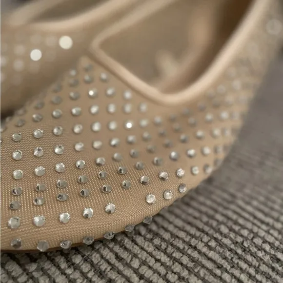 ZARA Beige Cream Nude Mesh Sheer Rhinestone Round Toe Ballet Flats SZ 39 8 Shoes