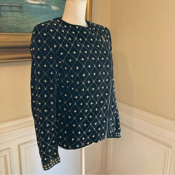 ZARA Black Velvet Quilted Look Studded Embellished Pearl Rhinestone Moto Jacket
