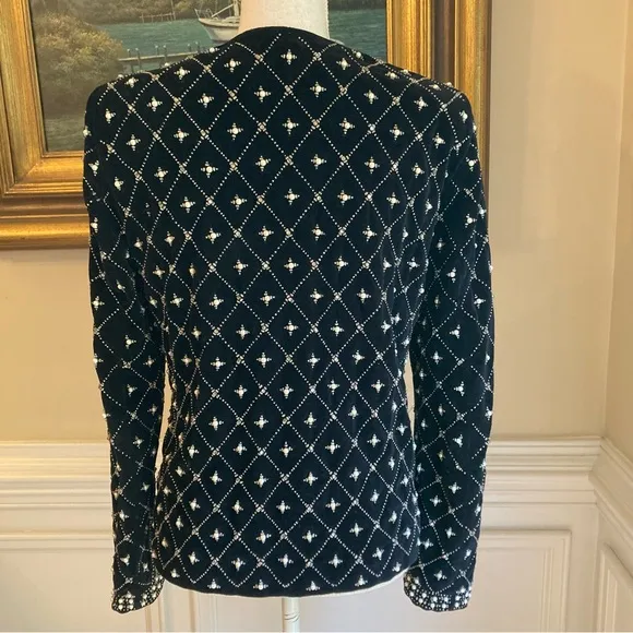 ZARA Black Velvet Quilted Look Studded Embellished Pearl Rhinestone Moto Jacket