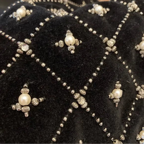 ZARA Black Velvet Quilted Look Studded Embellished Pearl Rhinestone Moto Jacket