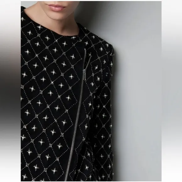 ZARA Black Velvet Quilted Look Studded Embellished Pearl Rhinestone Moto Jacket